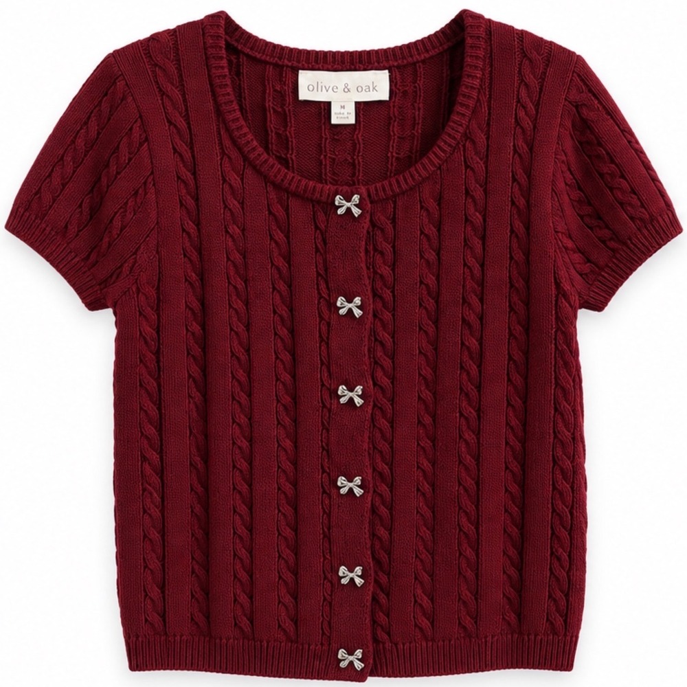 Olive & Oak Burgundy Wine Cable Knit Short Sleeve Bow Button Cardigan Medium